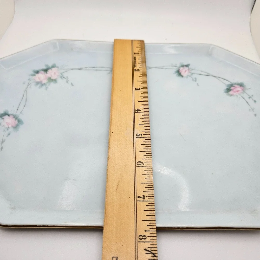 Antique T&V Limoges France 3 Pc Vanity Set Blue Pink Roses Tray‎ Powder Jar